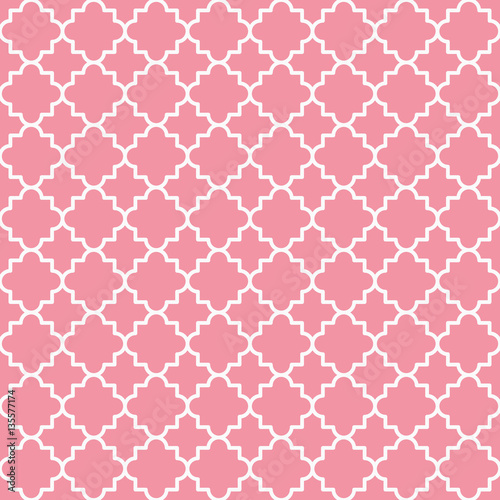 Traditional quatrefoil lattice pattern outline. Pink quatrefoil background. Vector illustration. 