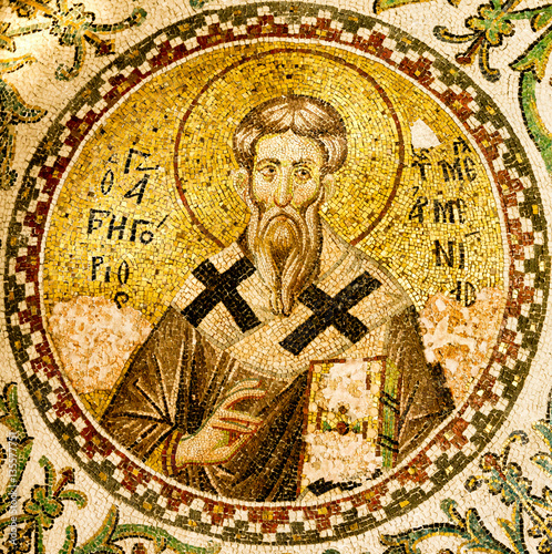 Gregory the illuminator, a Byzantine patriarch making the Trump finger sign. Mosaic i Pammakaristos church.  photo