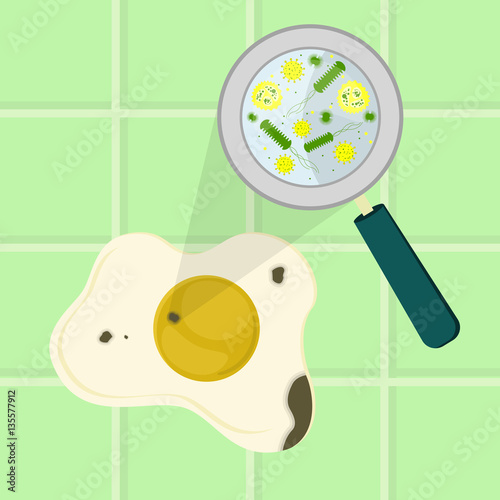 Contaminated egg. Microorganisms, virus and bacteria in the rotten and spoiled egg enlarged by a magnifying glass. Tiles in the background.