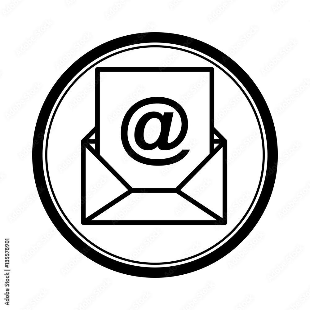 circular shape with silhouette envelope with mailing sheet and at sign vector illustration circular shape with silhouette envelope with mailing sheet and at sign vector illustration