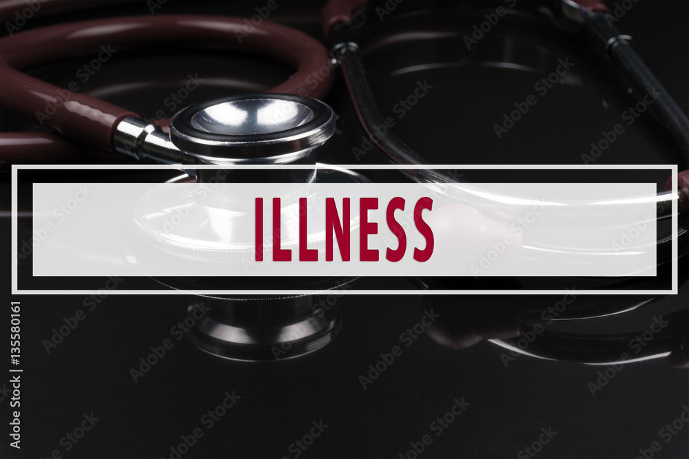 Obraz premium Stethoscope on black background with text ILLNESS