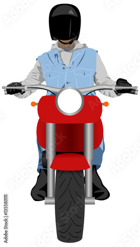 Color classic motorcycle with rider wearing sleeveless jacket, hoodie, black leather gloves and helmet front view isolated on white vector illustration