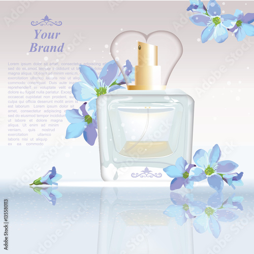 Blue flowers Perfume bottle Cosmetic ads template, droplet mock up isolated on dazzling background. Place for brand text. Glamorous fragrance sparkling effects. Vector illustration