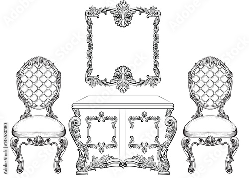 Baroque luxury style furniture dressing table and chairs set collection. Upholstery with luxurious rich ornaments. French carved decoration. Vector Victorian exquisite