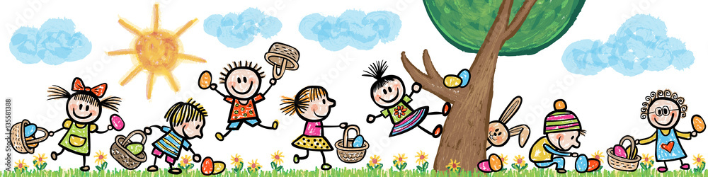 Obraz premium Header: Kinder suchen Ostereier auf einer Blumenwiese mit Baum / handgezeichnet, farbig, Vektor