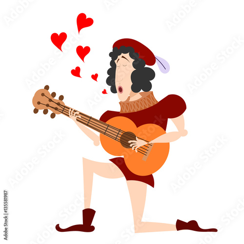 Color image of a medieval guitar on one knee. The singer with a