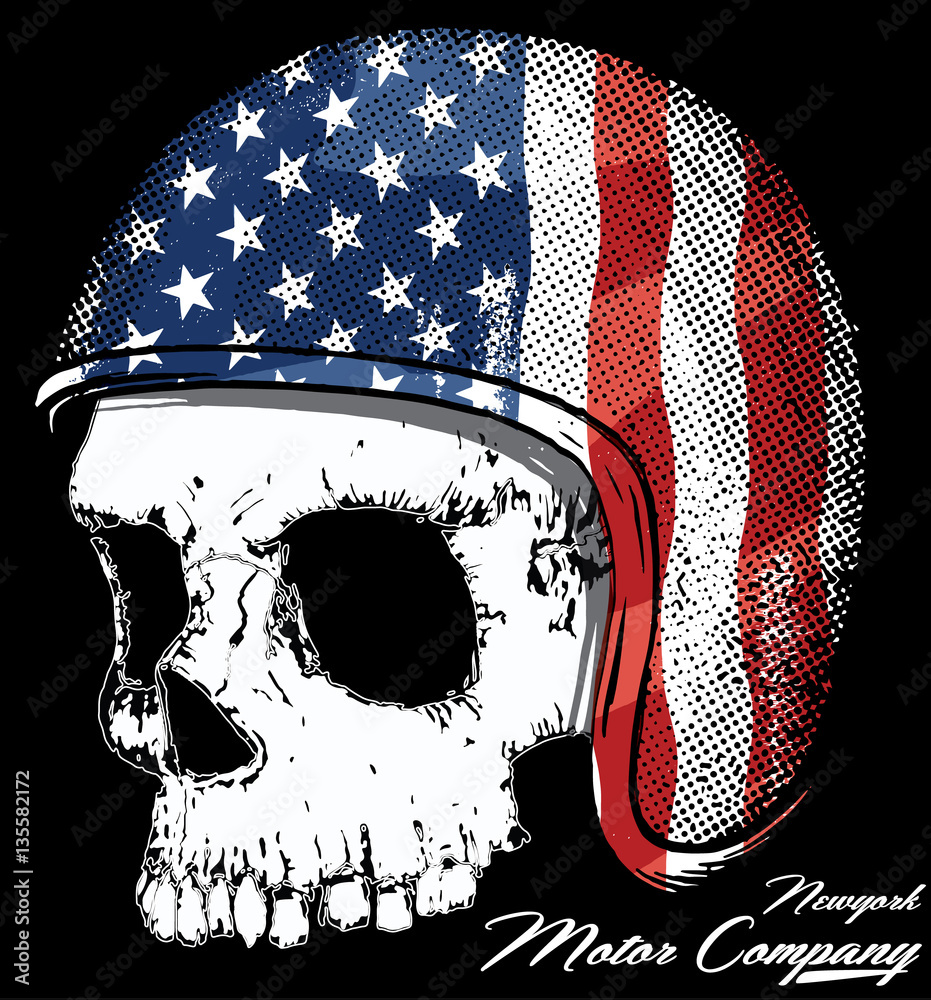 Motorcycle Helmet with American flag with skull graphic Stock