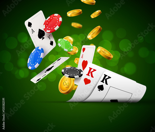 Poker chips casino green poster. Gamble cards and coins success winner royal casino background