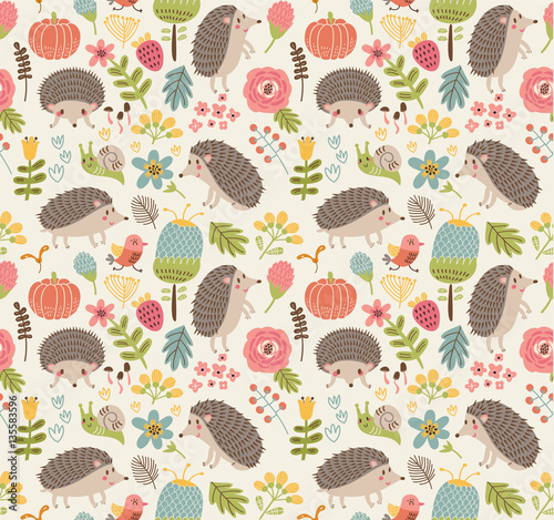 Seamless pattern forest with  hedgehogs