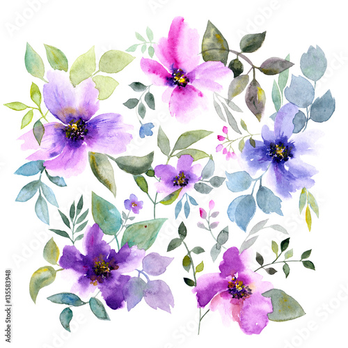 Floral background with violet flowers. Watercolor floral bouquet. Birthday card.