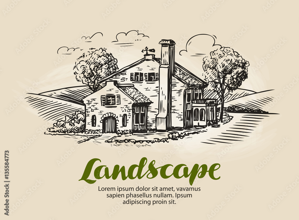 House, summer cottage sketch. Vintage farm, rural landscape vector illustration