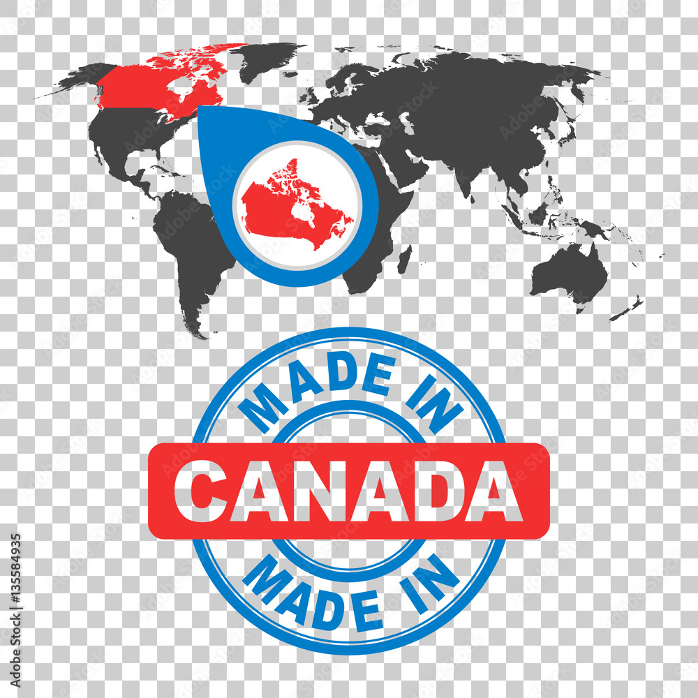 Made in Canada stamp. World map with red country. Vector emblem in flat style on isolated background. Made in Canada stamp. World map with red country. Vector emblem in flat style on isolated background.
