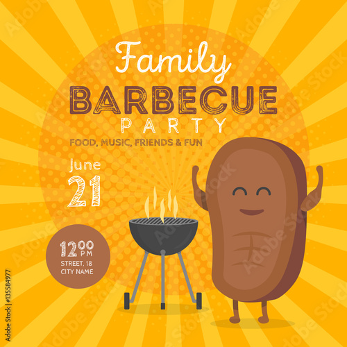Family BBQ Party Invitation Template. Cute Steak Character Barbecue Time. Retro Background Vector Illustration
