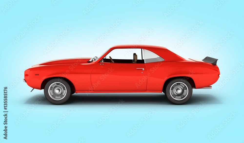 Muscle car side view on blue gradient background 3d