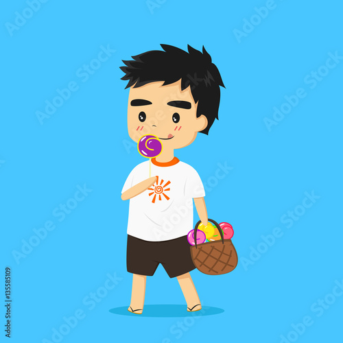 illustration of a little boy eating lollipop and carrying a bag full of colorful lollipops