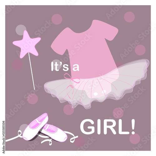 baby shower invitation card, little ballerina with magic wand on cute violet background with dots