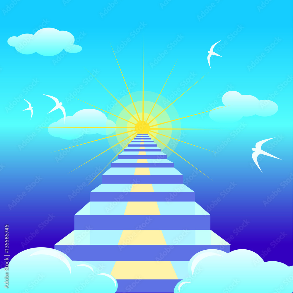 Blue staircase leading to the rising sun. Vector illustartion