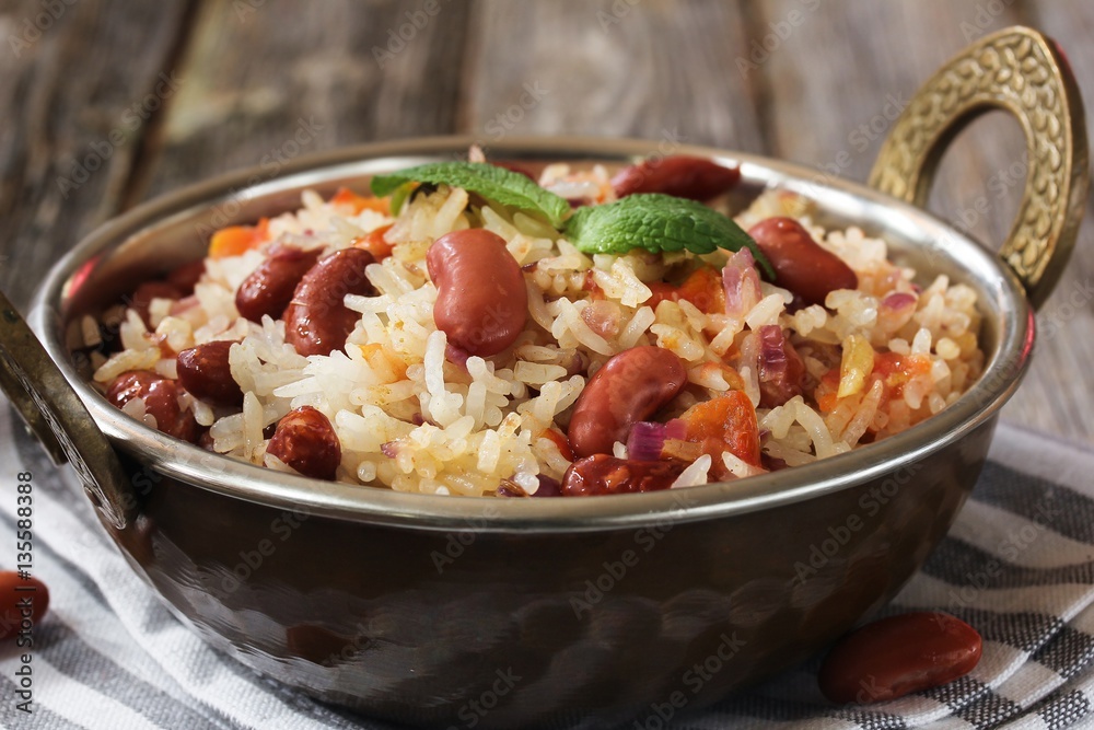 Rajma Rice (Chawal) / Rice and kidney Beans Pilaf, selective focus Rajma Rice (Chawal) / Rice and kidney Beans Pilaf, selective focus