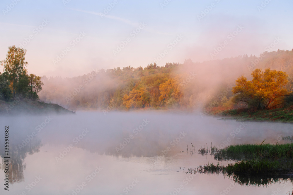 Fototapeta premium Dawn on the river, fog