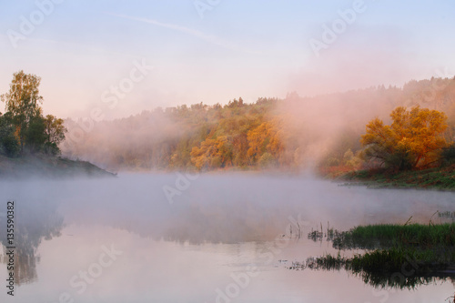 Dawn on the river, fog