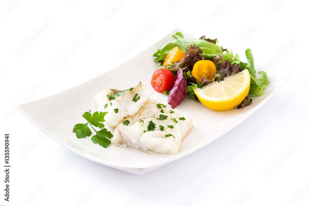 Fried cod fillet and salad in plate isolated on white background
