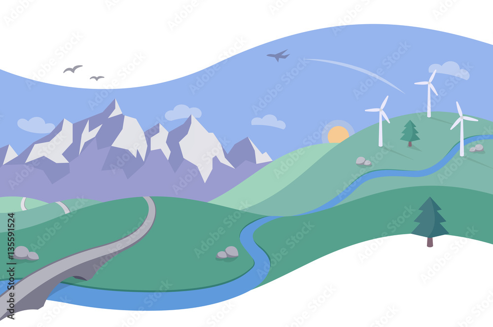 Landscape Scene with Mountains and Wind Farm - a simple and beautiful landscape scene in a clean and flat style with flowing curves.