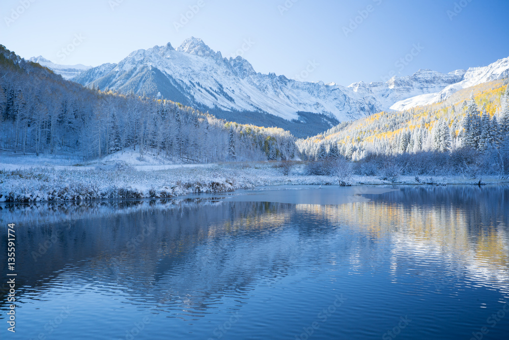 mountain winter and autumn reflection