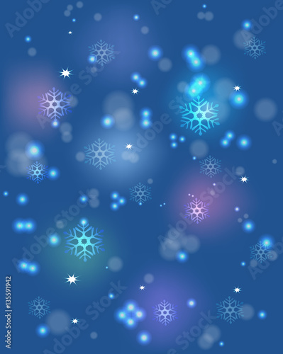 Snowflakes and festive lights on a blue base. EPS10 vector illustration