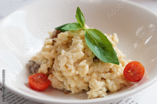 Creamy risotto in porcelain plate