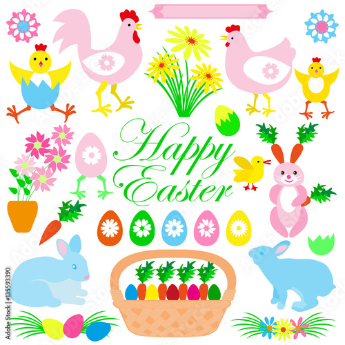 Colorful Happy Easter collection of icons with rabbit, bunny, eggs, flowers, cockerel, chicks