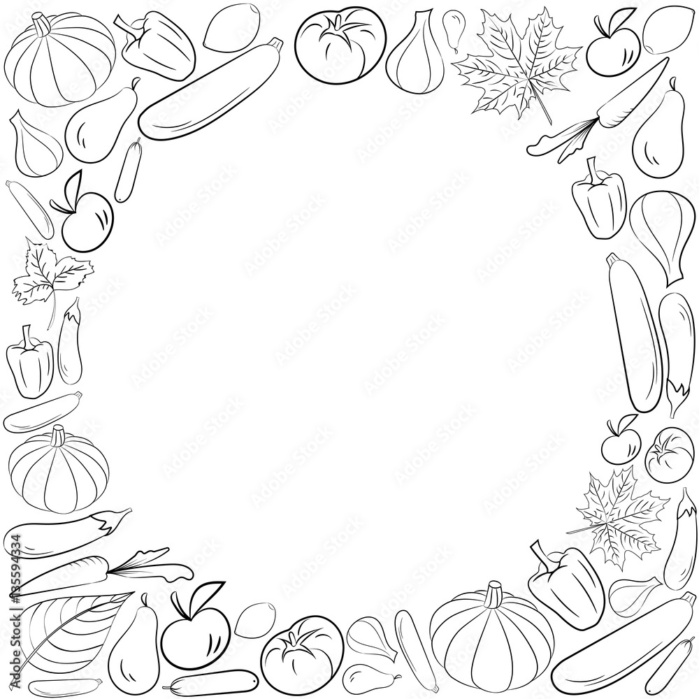 Autumn graphic card with fruits and vegetables in black white colors. Thanksgiving day design. Coloring book page for adults kids Autumn graphic card with fruits and vegetables in black white colors. Thanksgiving day design. Coloring book page for adults kids