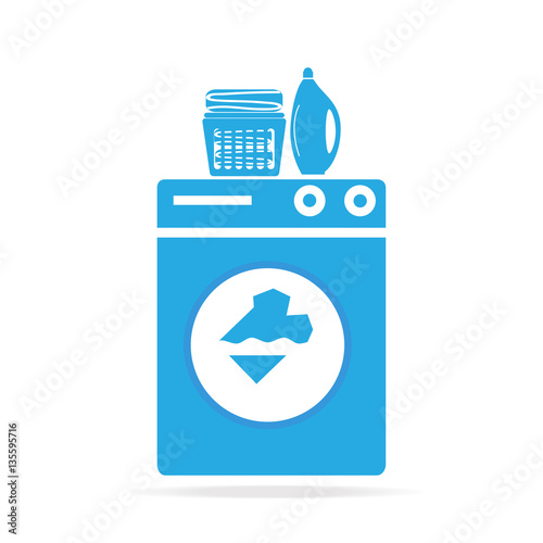 Laundry icon sign, Washing machine, detergents and fabric in bas