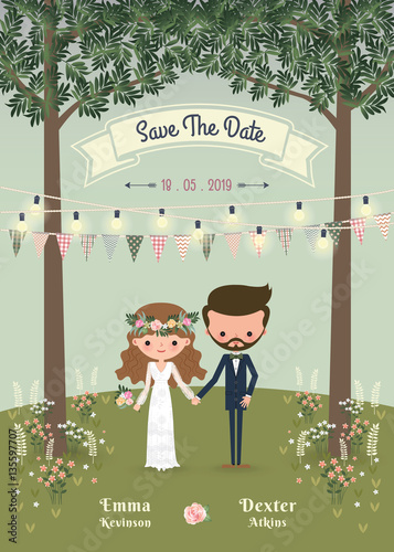 Rustic bohemian cartoon couple wedding invitation card in the fo