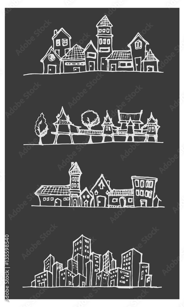 City skylines in cartoon doodle style on chalkboard background