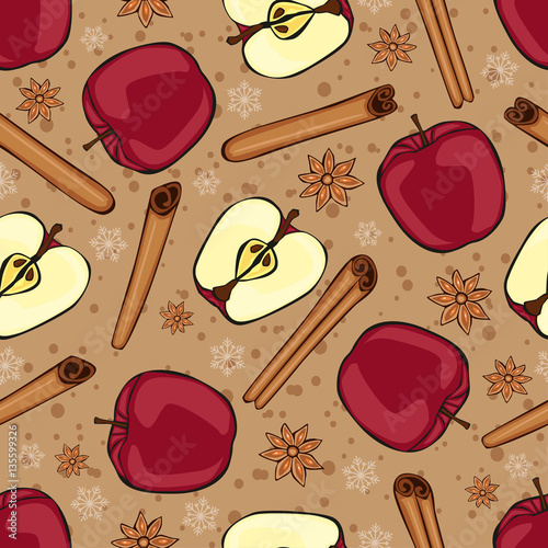 Christmas winter spice with fruit. Decorative vector seamless pattern. Mulled wine theme.