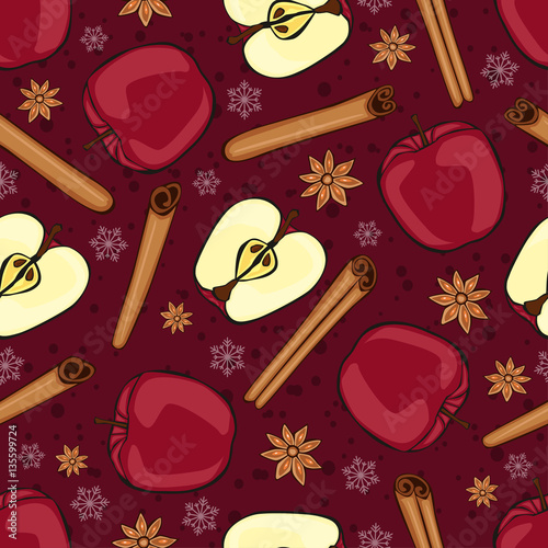Christmas winter spice with fruit. Decorative vector seamless pattern. Mulled wine theme.