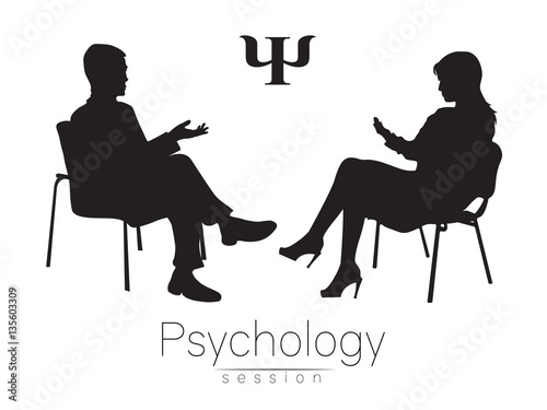 The psychologist and the client. Psychotherapy. Psychotherapeutic session. Psychological counseling. Man woman talking while sitting. Silhouette. Black profile. Moderd symbol logo. Design concept.Sign