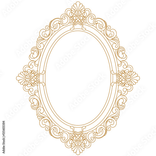 Golden oval vintage border frame engraving with retro ornament pattern in antique baroque style decorative design. Vector.