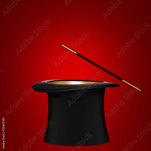Magician hat with magic wand on red background. 3D rendering