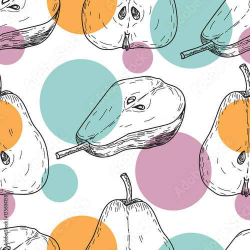 Seamles pattern vector hand made sketch illustration of engraving pear with multi colored circles on white background