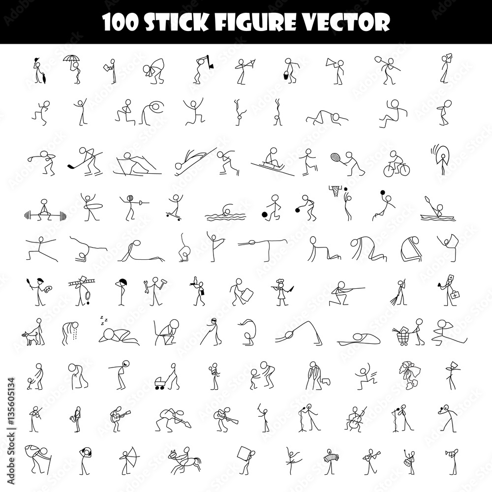 Cartoon icons set of 100 sketch little people stick figure