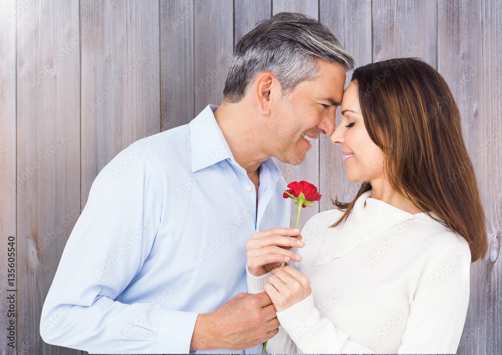 Mature man giving red rose to woman Mature man giving red rose to woman