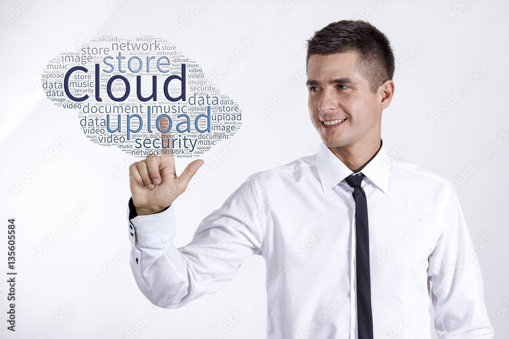 Virtual Cloud - Young businessman touching word cloud Virtual Cloud - Young businessman touching word cloud