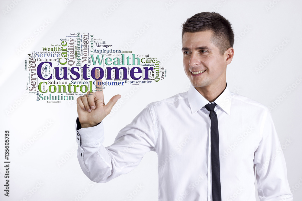 Customer - Young businessman touching word cloud Customer - Young businessman touching word cloud