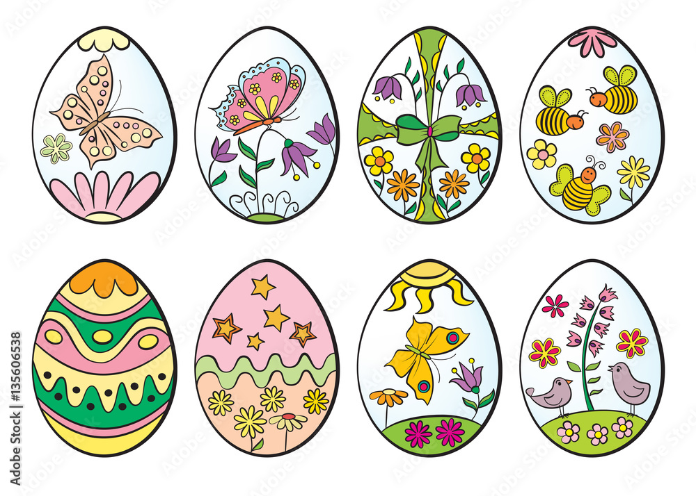 Set of decorative Easter eggs with hand drawn pictures. Set of decorative Easter eggs with hand drawn pictures.