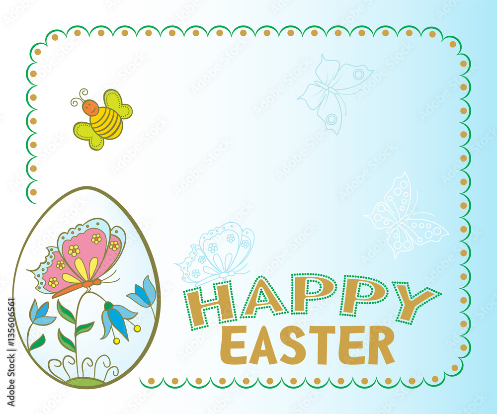 Fototapeta premium Easter card with decorative egg, bee, ornate frame, and lettering Happy Easter.