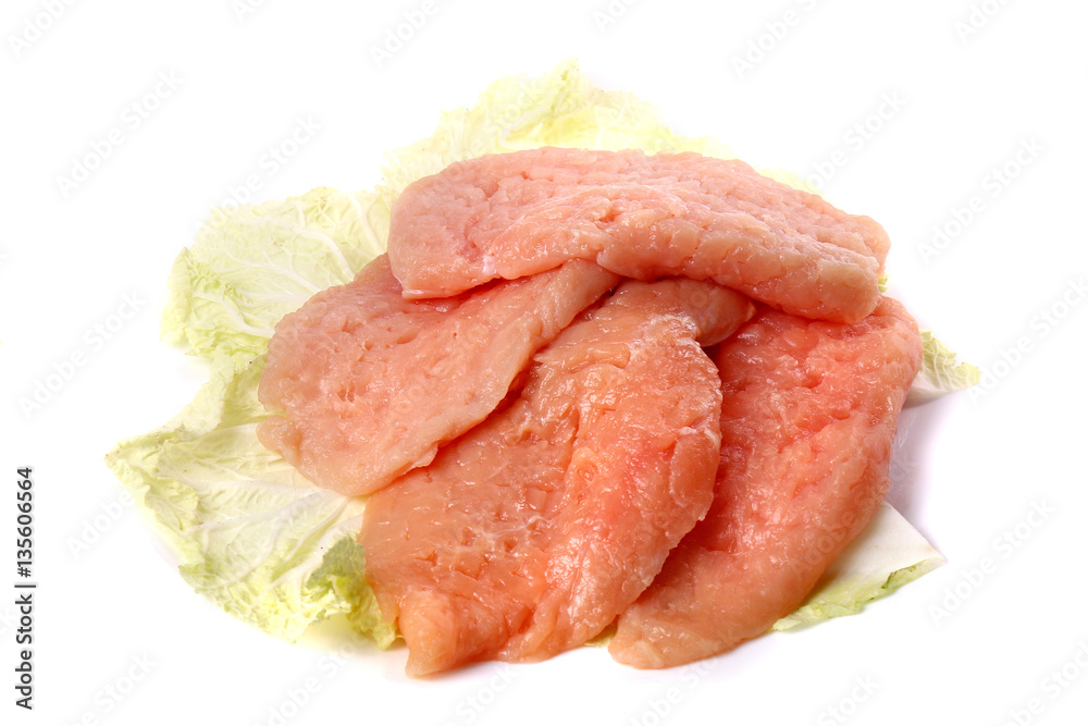 Raw sliced meat on a cabbage leaf