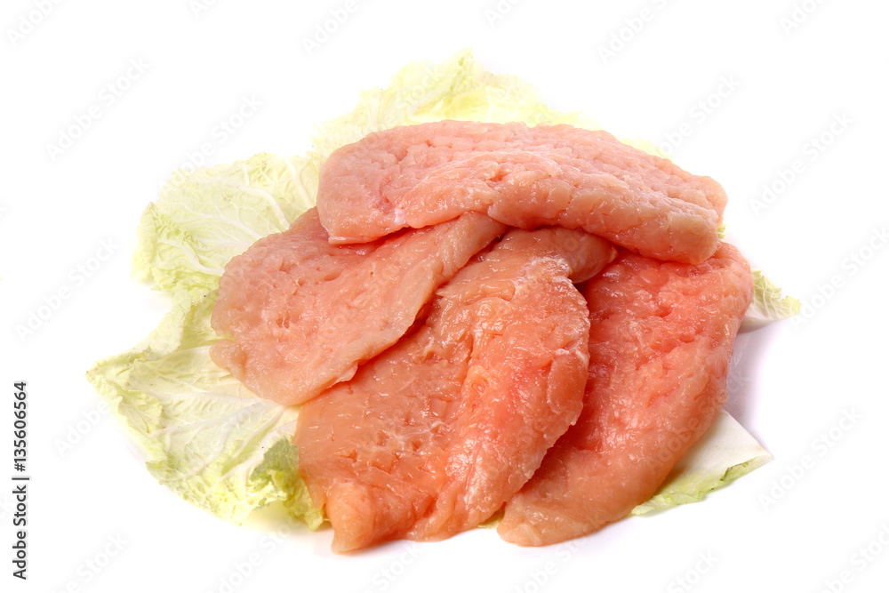 Raw sliced meat on a cabbage leaf Raw sliced meat on a cabbage leaf