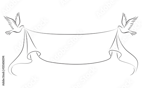 Doves carrying ribbon. Black outlines. 