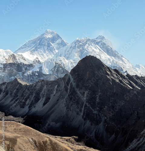 ount Everest (8848 m) and Lhotse (8516 m) from the Renjo Pass - Gokyo region, Nepal, Himalayas photo